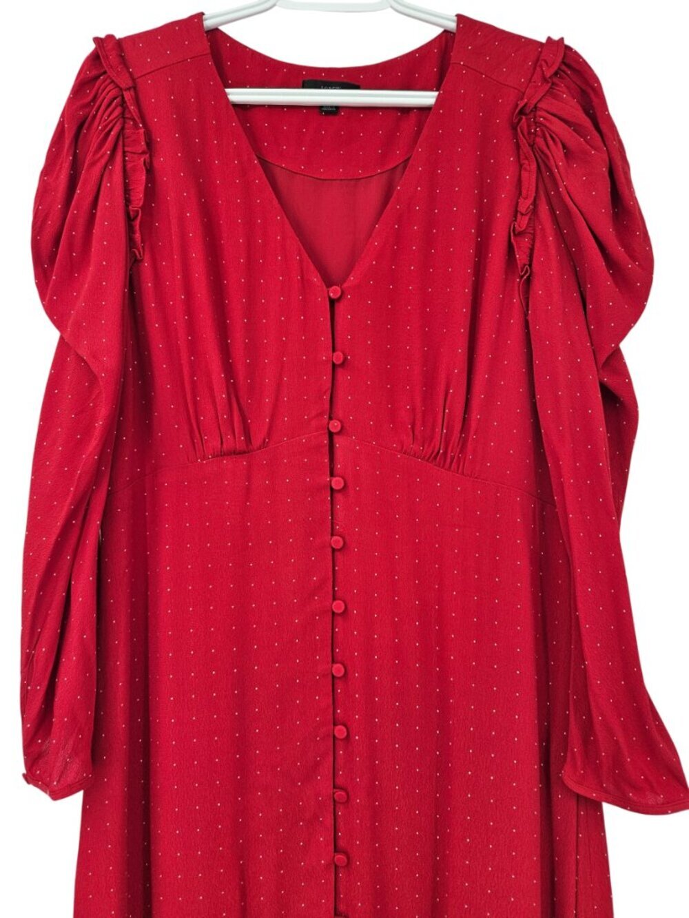 J. Crew Puff Sleeve Midi Dress In Pin Dot Red Women's Size 12 Button Front Party - Picture 4 of 13